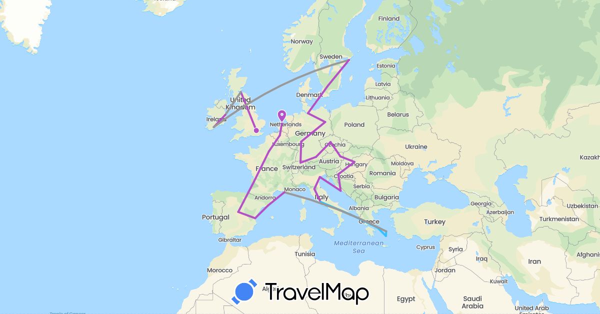 TravelMap itinerary: plane, train, boat in Austria, Belgium, Switzerland, Czech Republic, Germany, Spain, France, United Kingdom, Greece, Croatia, Hungary, Ireland, Italy, Netherlands, Sweden (Europe)